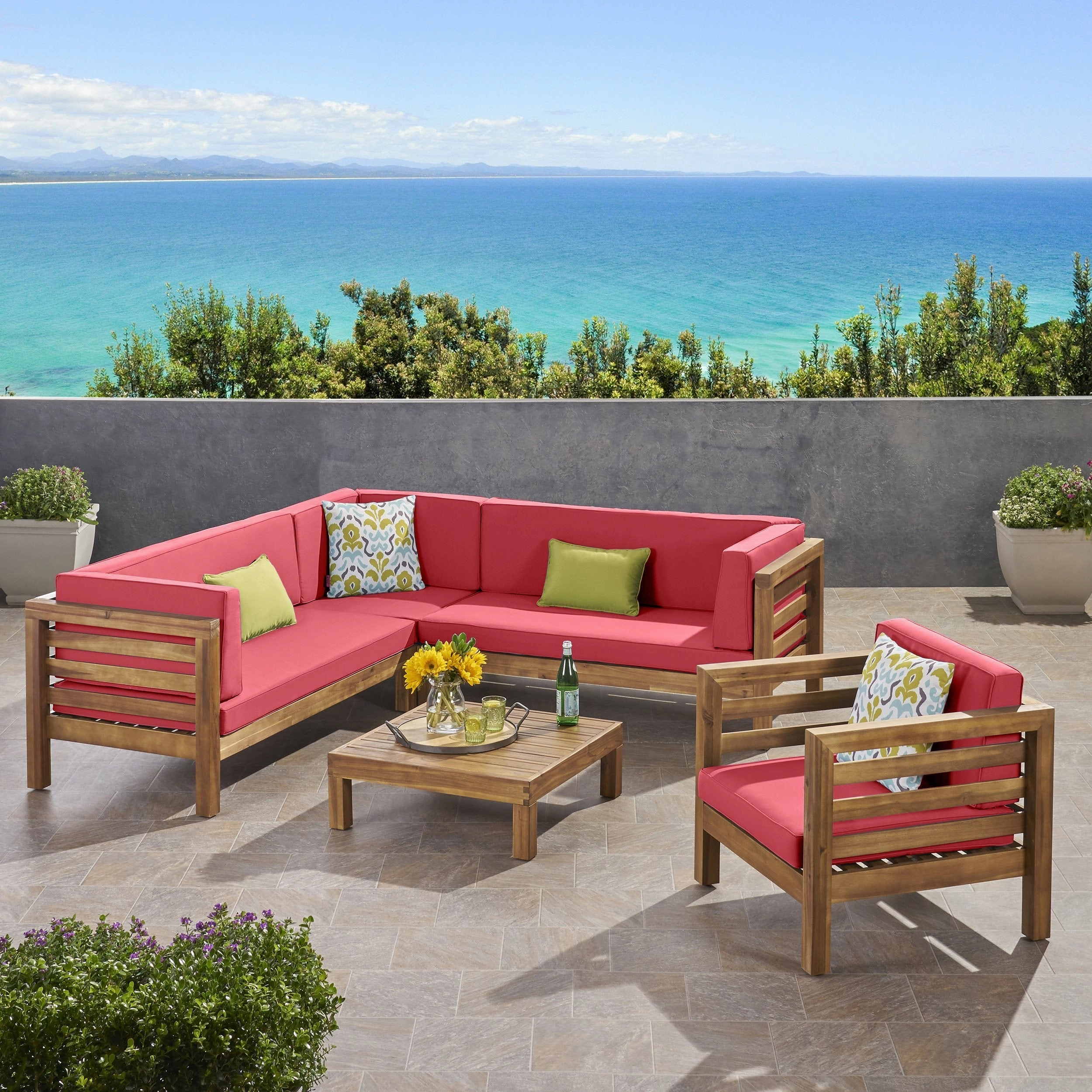 Outdoor 6 Seater Acacia Wood Sectional Sofa and Club Chair Set - NH474803