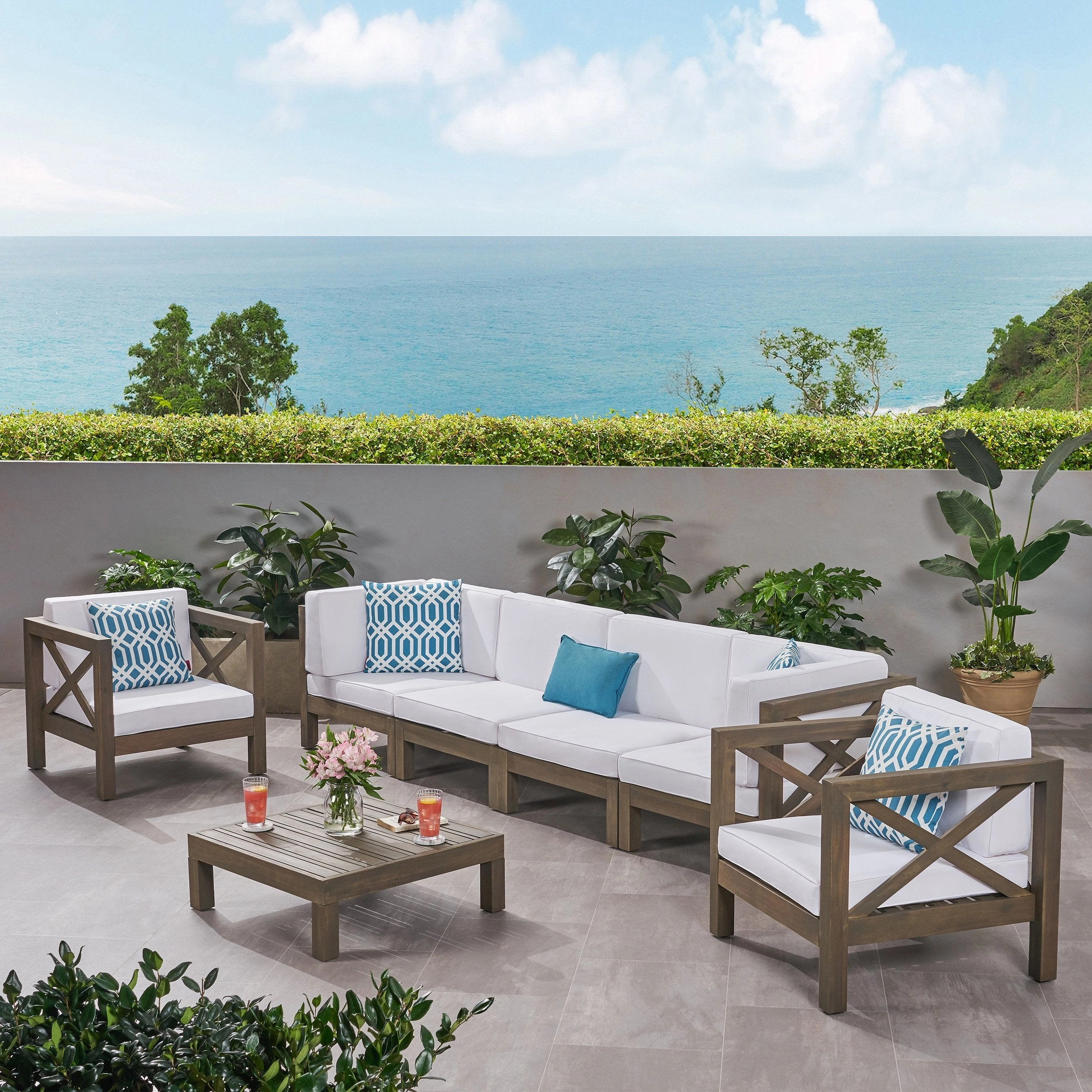 Outdoor 6 Seater Acacia Wood Sofa Chat Set - NH514803