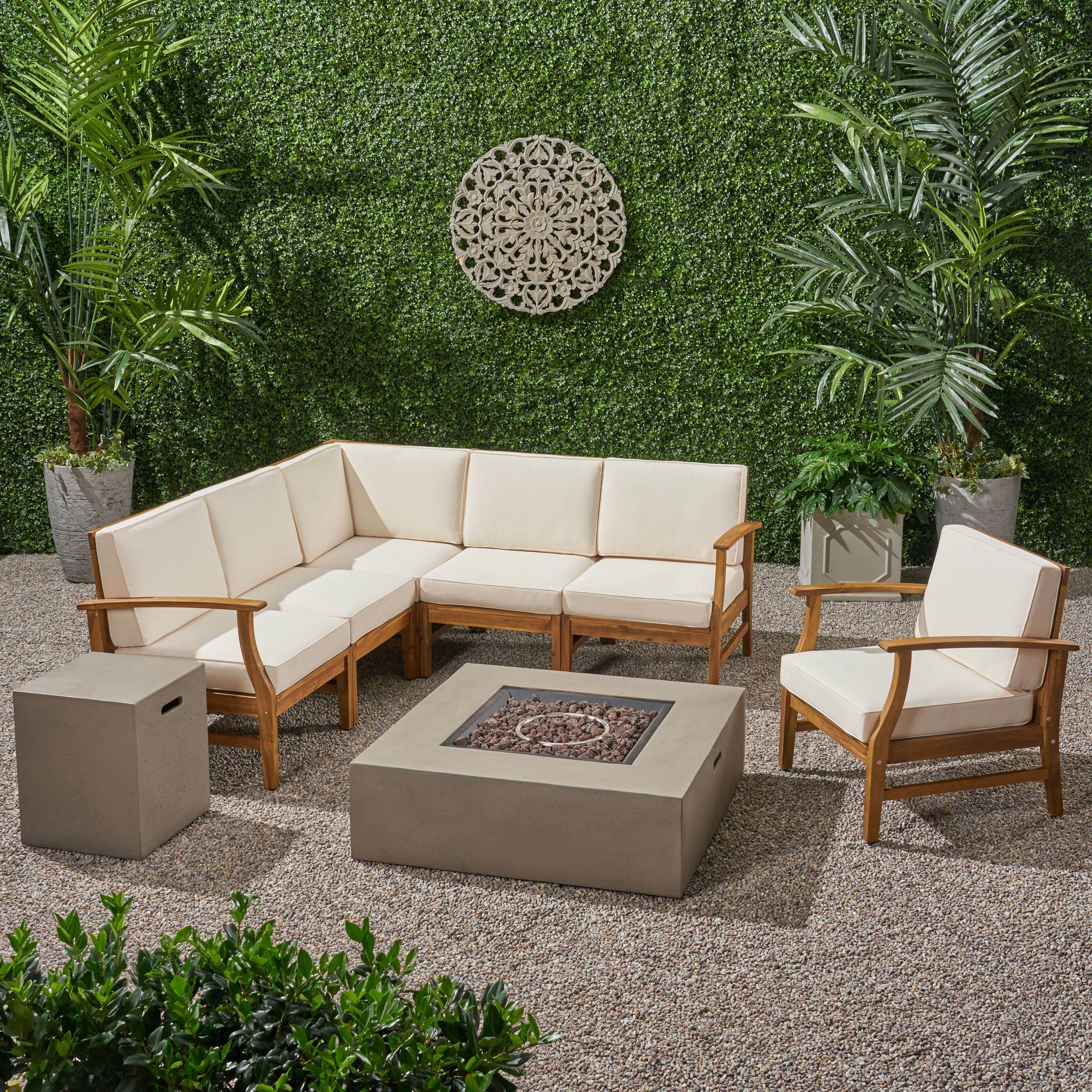 Outdoor 6 Seater Acacia Wood Sofa Set with Square Fire Table and Tank - NH106503 outdoor furniture, garden bench