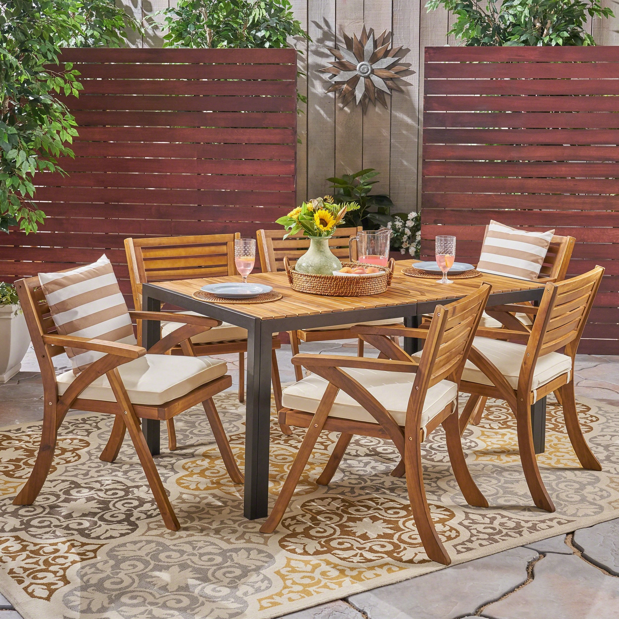 Outdoor 6-Seater Rectangular Acacia Wood and Iron Dining Set, Teak with Black and Cream - NH303603 outdoor lounge chair, patio sofa