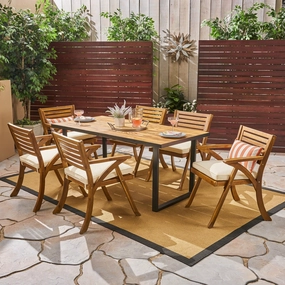 Outdoor 6-Seater Rectangular Acacia Wood and Iron Dining Set, Teak with Black and Cream - NH692603 outdoor lounge chair, patio sofa
