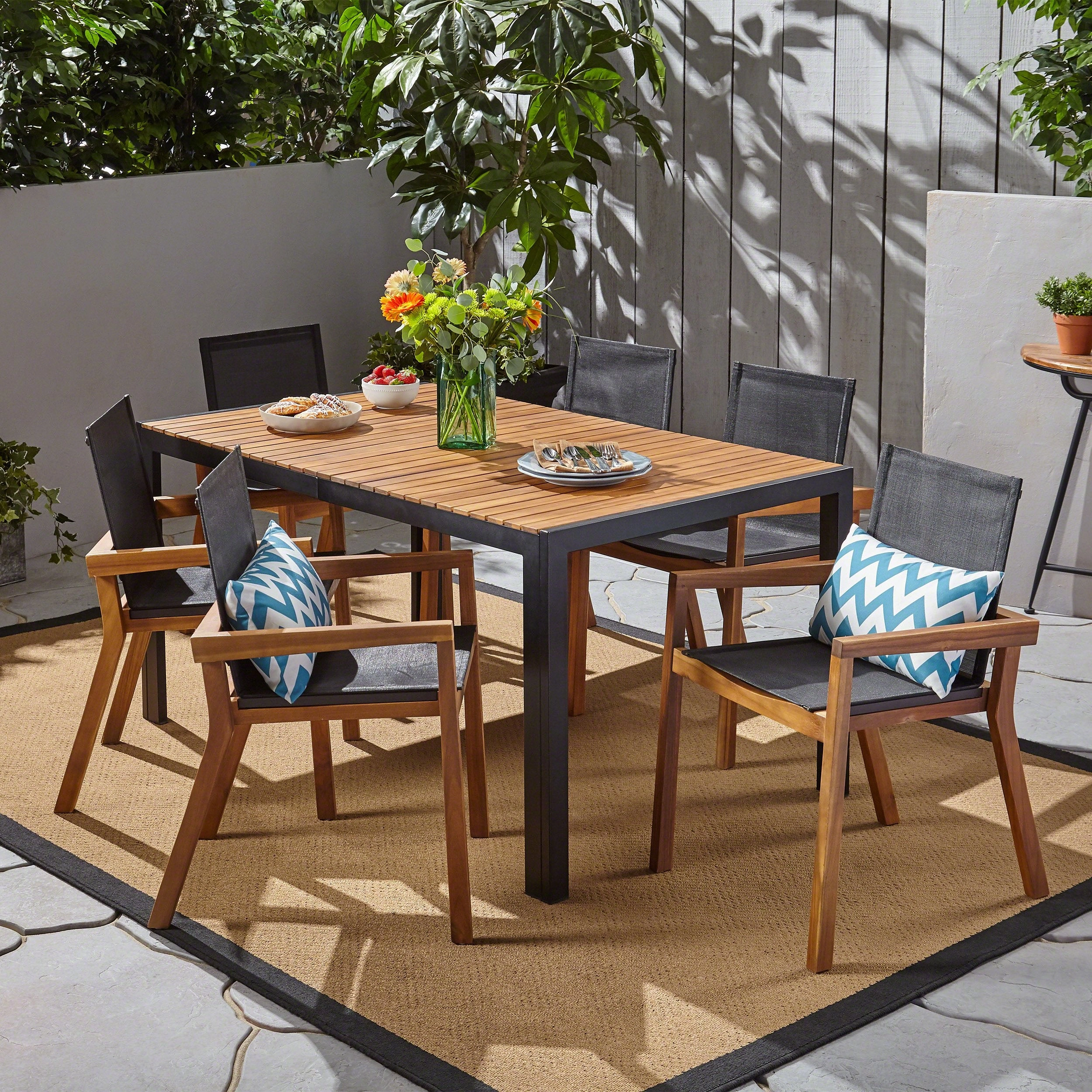 Outdoor 6-Seater Rectangular Acacia Wood and Mesh Dining Set - NH013603 outdoor lounge chair, patio sofa
