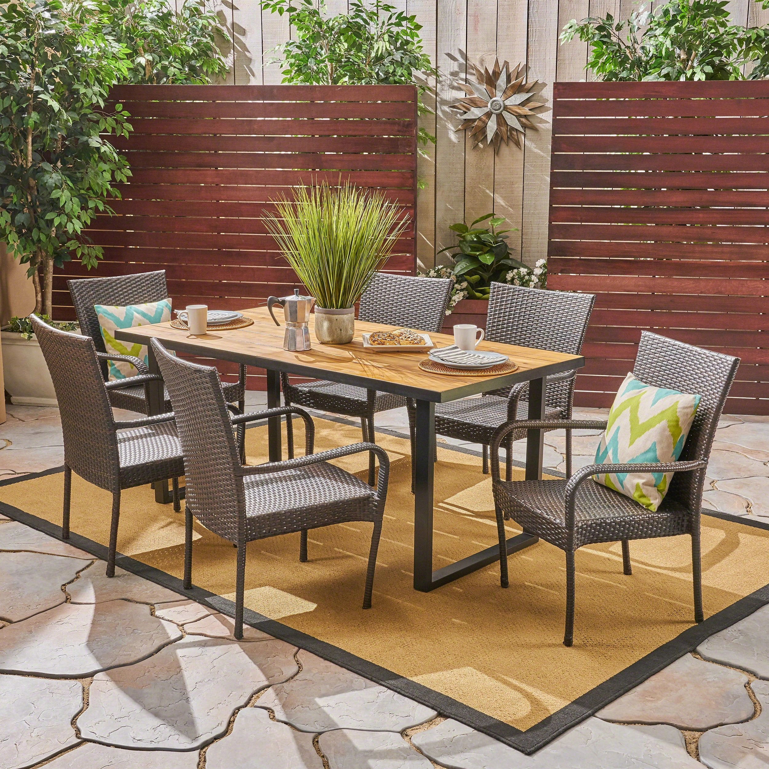 Outdoor 6-Seater Rectangular Acacia Wood and Wicker Dining Set - NH792603 outdoor lounge chair, patio sofa