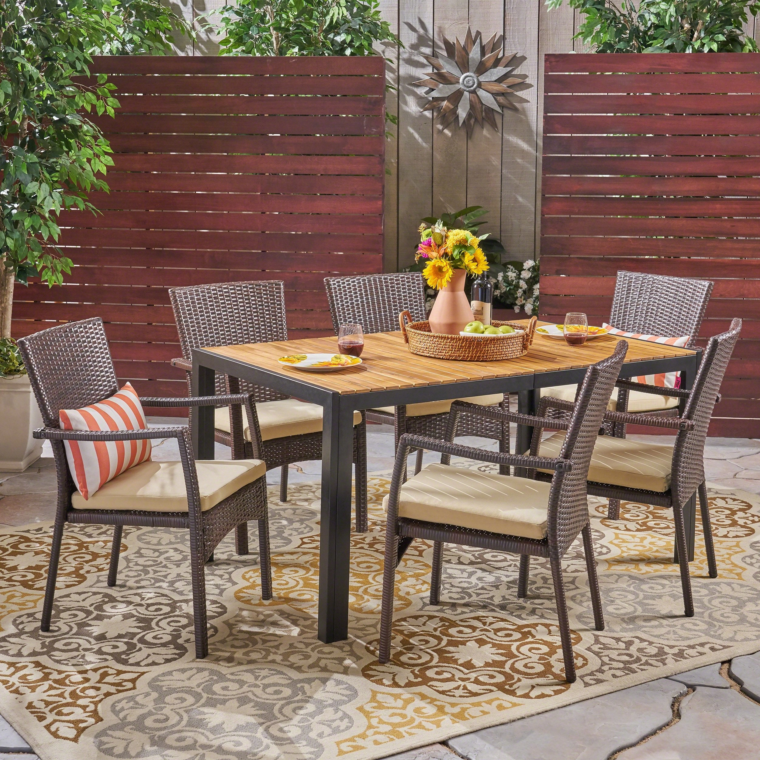 Outdoor 6-Seater Rectangular Acacia Wood and Wicker Dining Set, Teak with Black and Brown with Cream - NH503603 outdoor lounge chair, patio sofa