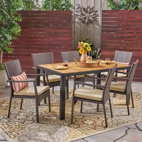Outdoor 6-Seater Rectangular Acacia Wood and Wicker Dining Set, Teak with Black and Brown with Cream - NH503603 outdoor lounge chair, patio sofa