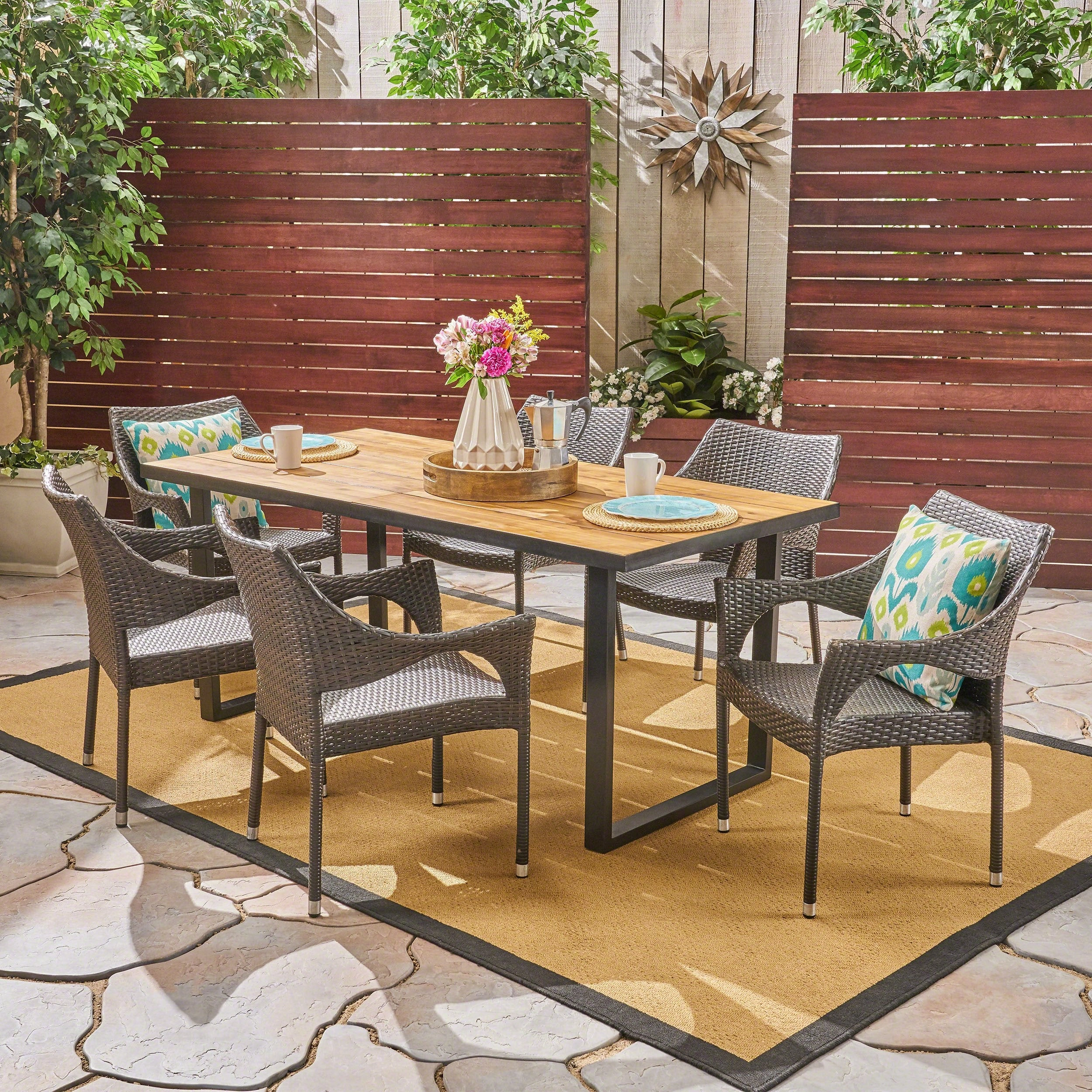 Outdoor 6-Seater Rectangular Acacia Wood and Wicker Dining Set, Teak with Black and Multi Brown - NH103603 outdoor lounge chair, patio sofa