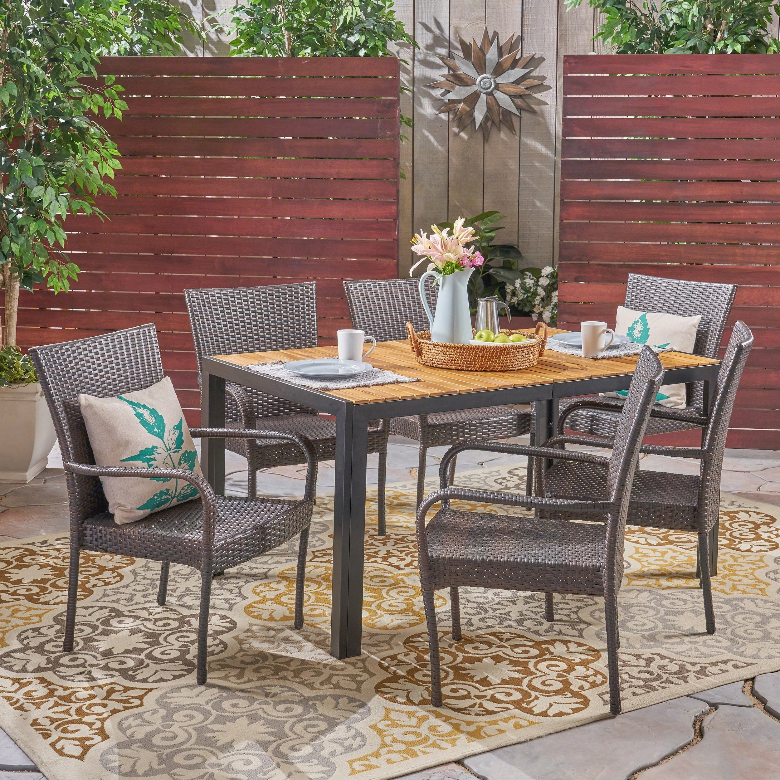 Outdoor 6-Seater Rectangular Acacia Wood and Wicker Dining Set, Teak with Black and Multi Brown - NH403603 outdoor lounge chair, patio sofa