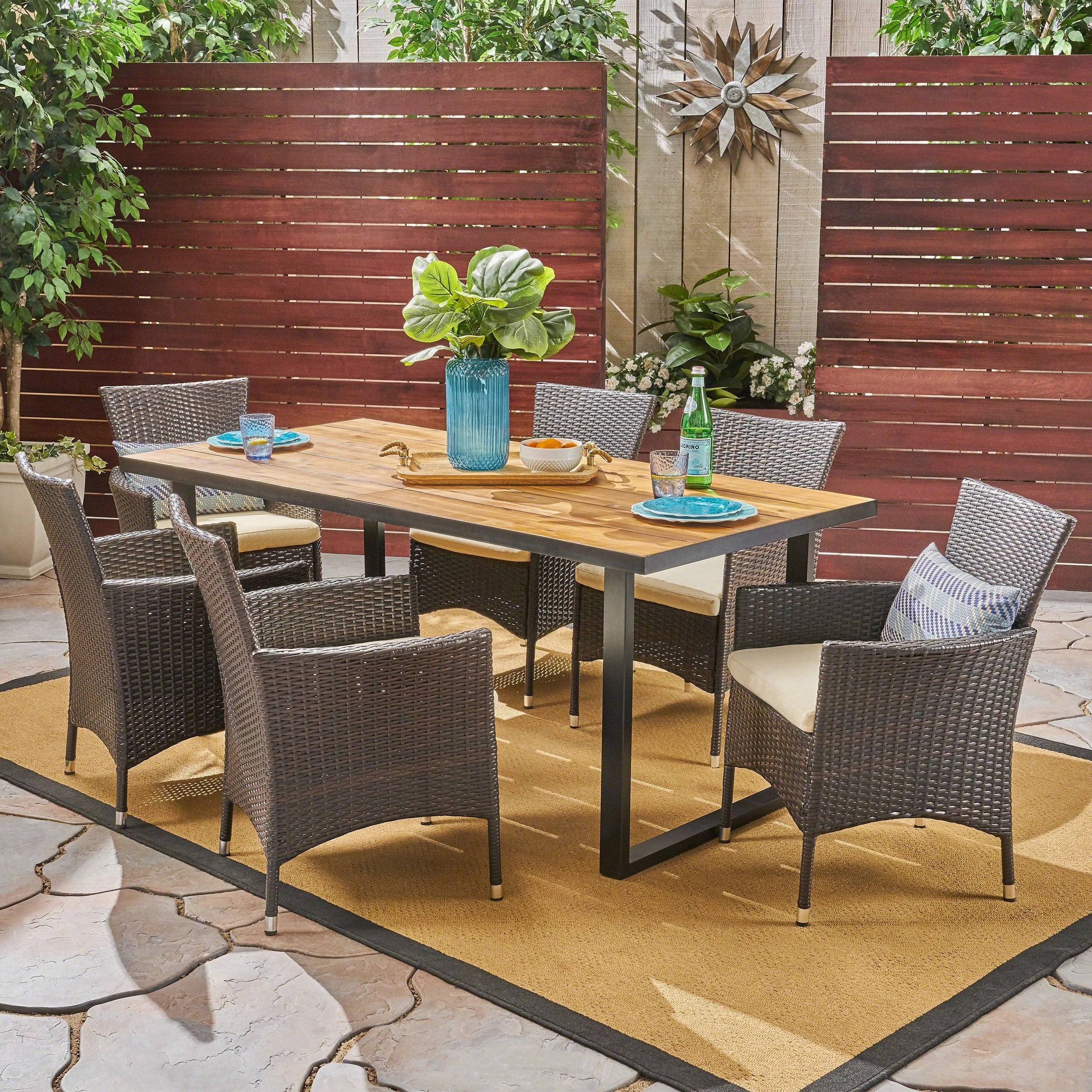 Outdoor 6-Seater Rectangular Acacia Wood and Wicker Dining Set, Teak with Black and Multi Brown with Beige - NH003603 outdoor lounge chair, patio sofa