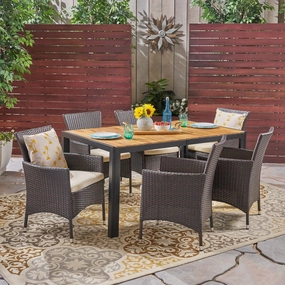 Outdoor 6-Seater Rectangular Acacia Wood and Wicker Dining Set, Teak with Black and Multi Brown with Beige - NH703603 outdoor lounge chair, patio sofa