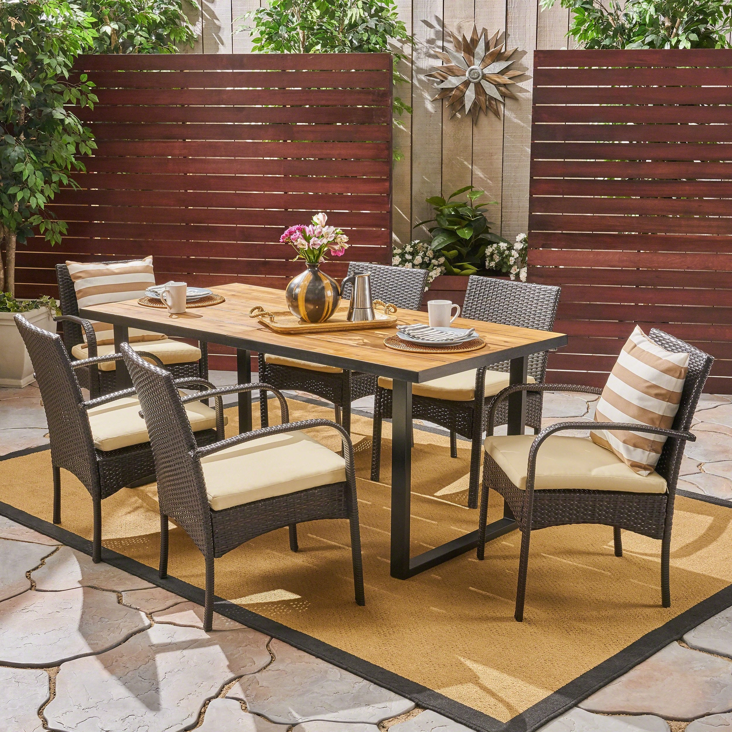 Outdoor 6-Seater Rectangular Acacia Wood and Wicker Dining Set, Teak with Black and Multi Brown with Cream - NH992603 outdoor lounge chair, patio sofa