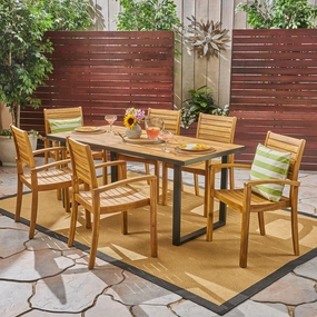 Outdoor 6-Seater Rectangular Acacia Wood Dining Set, Teak and Black - NH203603 outdoor lounge chair, patio sofa