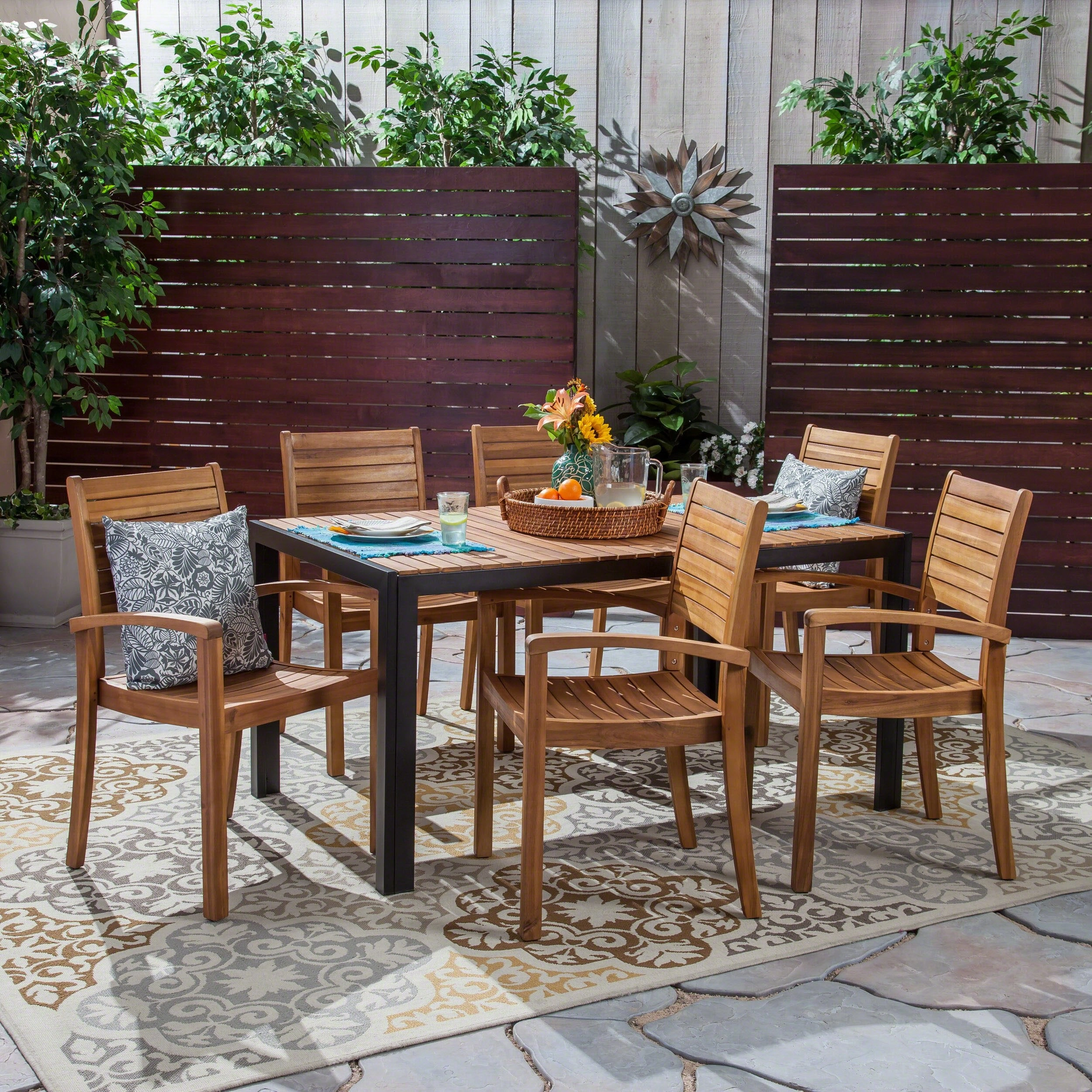 Outdoor 6-Seater Rectangular Acacia Wood Dining Set, Teak and Black - NH903603 outdoor lounge chair, patio sofa
