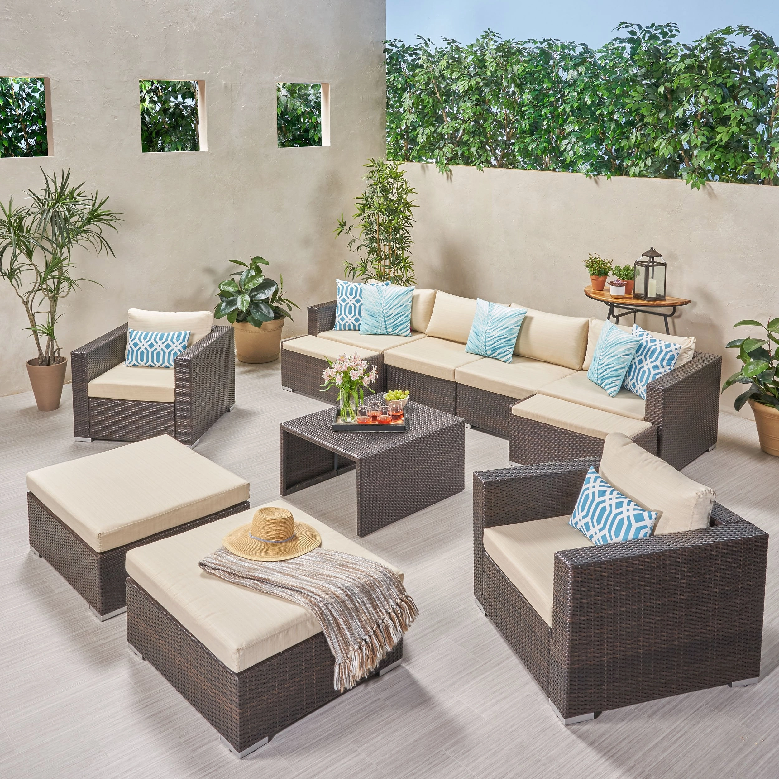 Outdoor 6 Seater U Shaped Wicker Sectional Sofa Chat Set with Ottomans - NH379903 outdoor furniture, garden bench