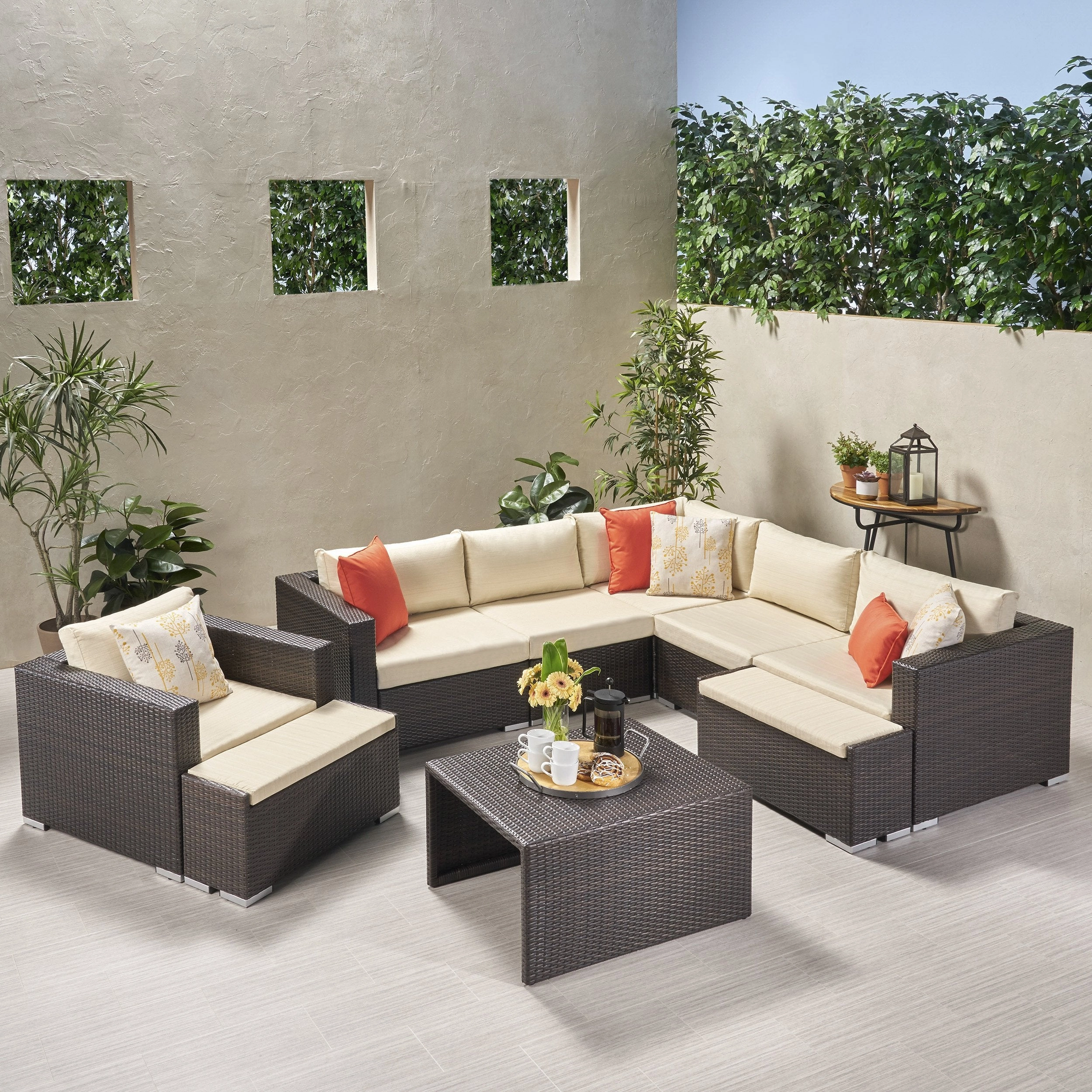 Outdoor 6 Seater V Shaped Wicker Sectional Sofa Set with Ottomans - NH769903 outdoor furniture, garden bench