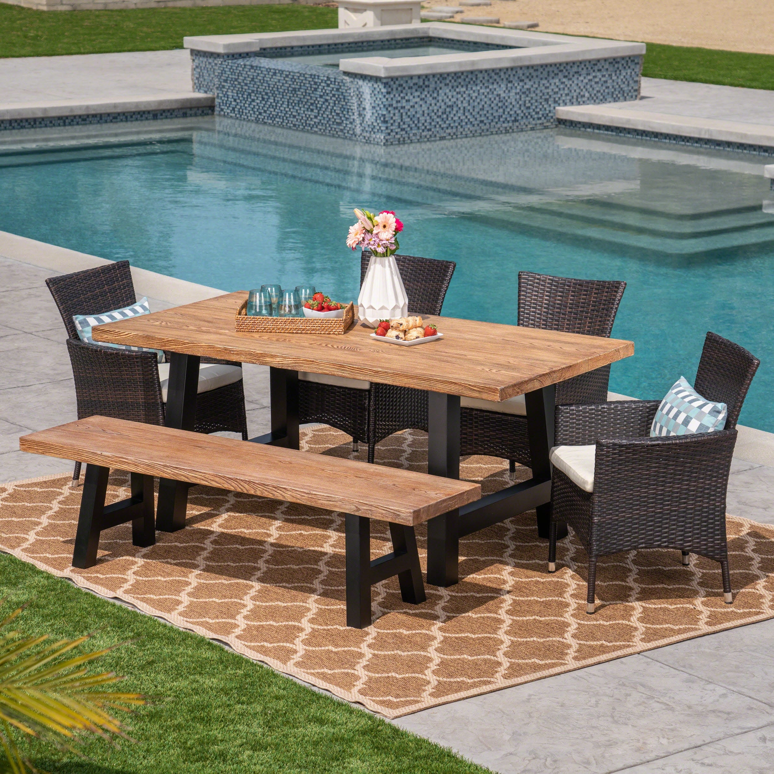 Outdoor 6 Seater Wicker & Concrete Dining Set With Bench - NH197303 outdoor lounge chair, patio sofa