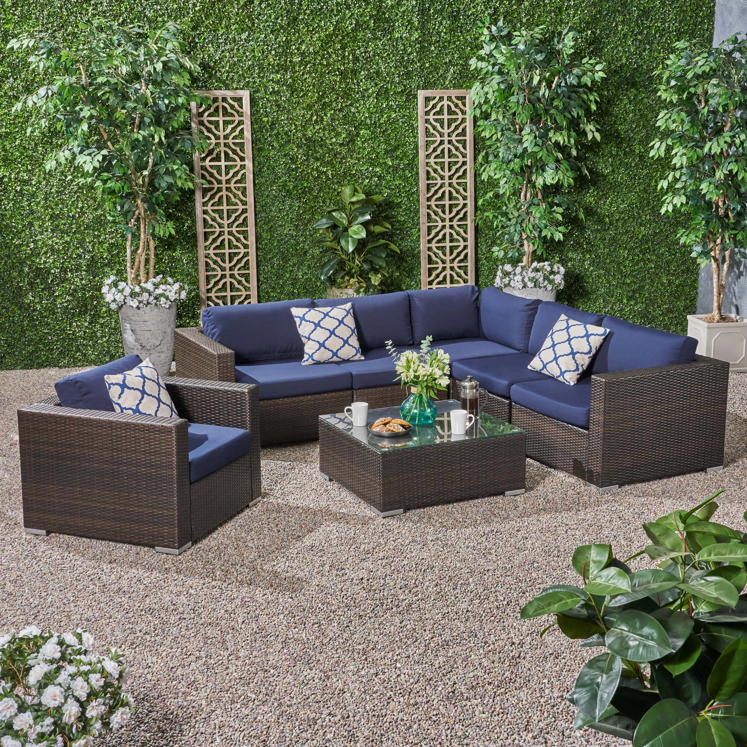 Outdoor 6 Seater Wicker Sectional Sofa Set with Sunbrella Cushions - NH115803 outdoor furniture, garden bench
