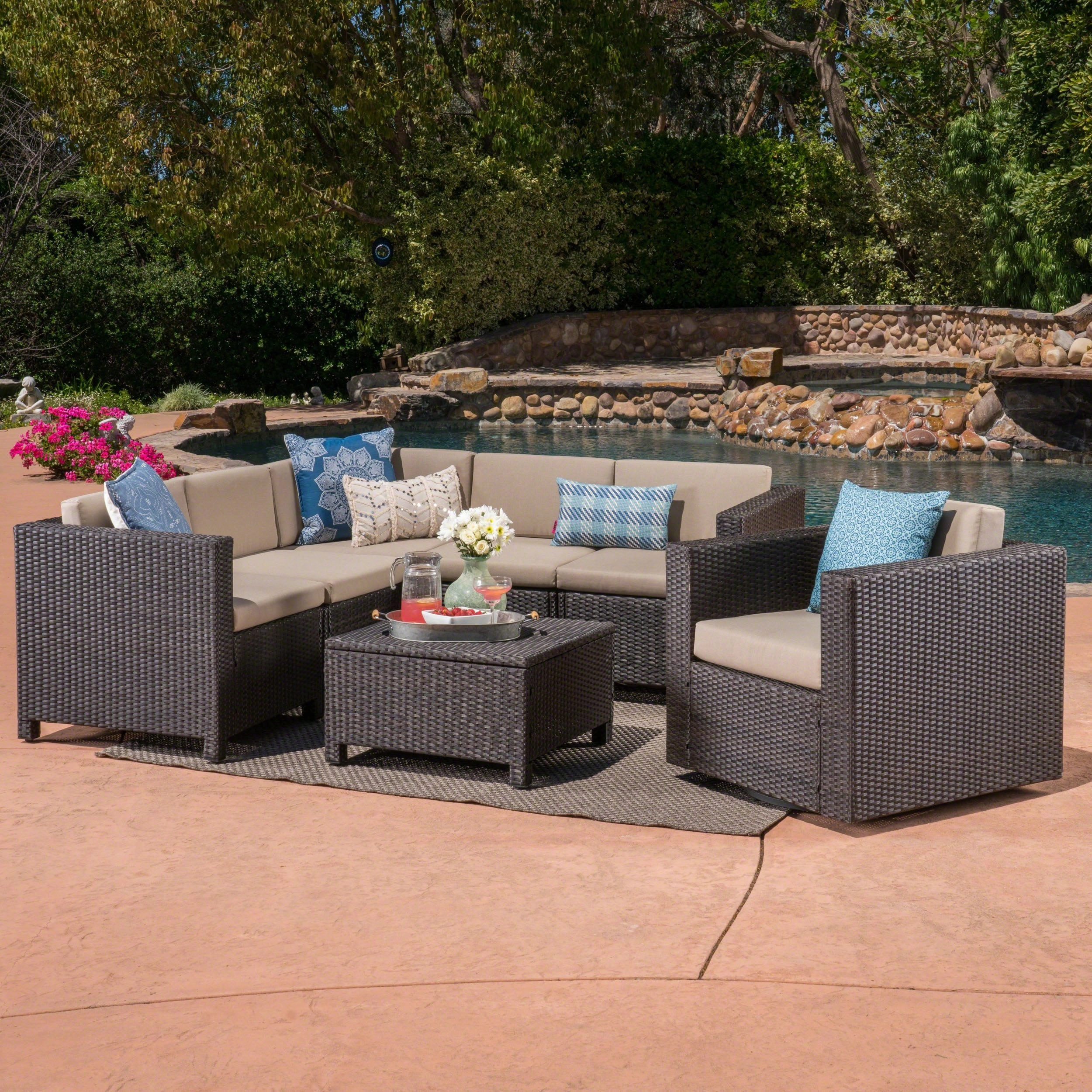 Outdoor 6 Seater Wicker V-Shaped Sofa and Swivel Chair Set with Water Resistant Cushions - NH470403 outdoor furniture, garden bench