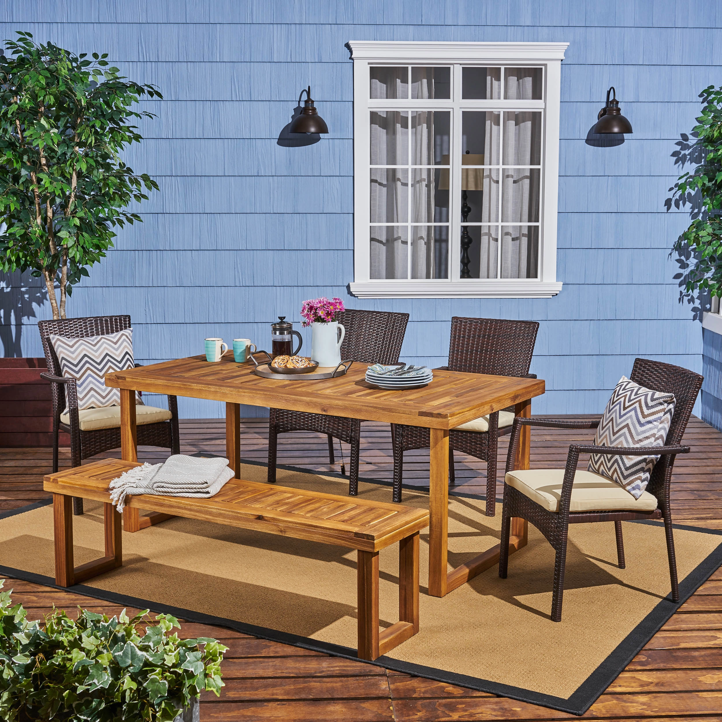 Outdoor 6-Seater Wood and Wicker Chair and Bench Dining Set - NH219503 outdoor lounge chair, patio sofa