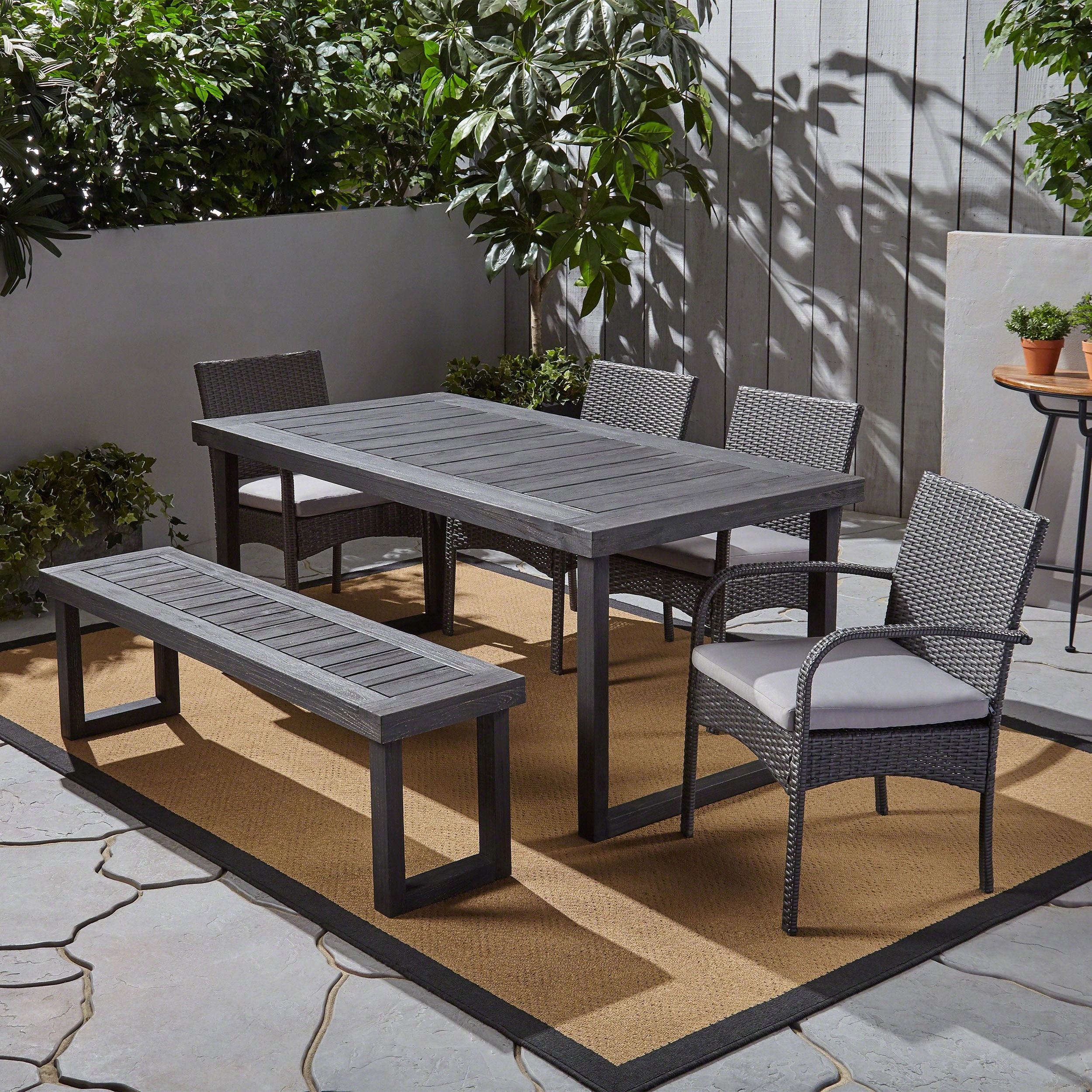 Outdoor 6-Seater Wood and Wicker Chair and Bench Dining Set - NH319503 outdoor lounge chair, patio sofa
