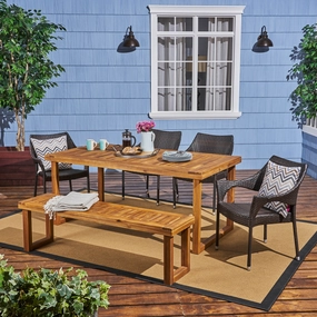 Outdoor 6-Seater Wood and Wicker Chair and Bench Dining Set - NH384503 outdoor lounge chair, patio sofa