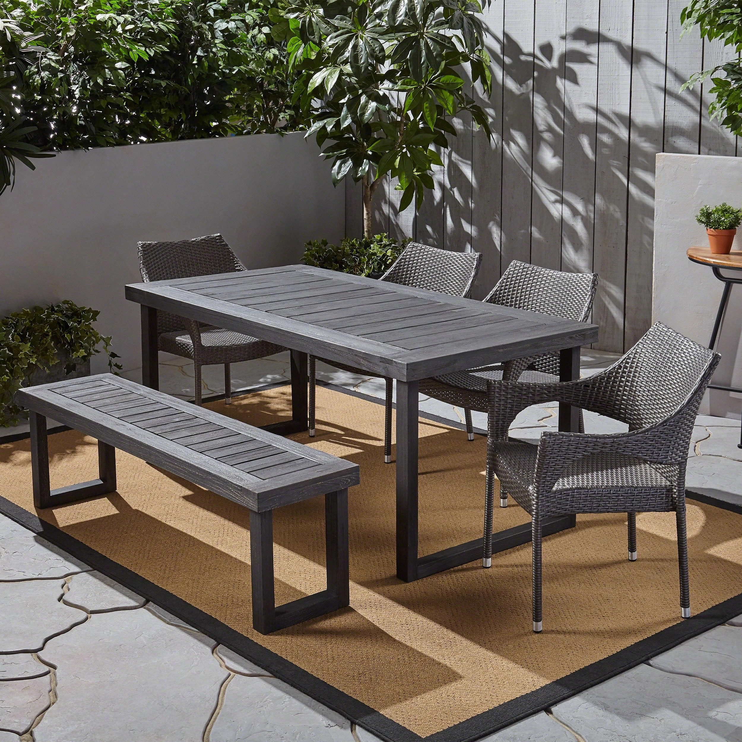 Outdoor 6-Seater Wood and Wicker Chair and Bench Dining Set - NH384503
