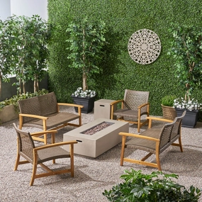 Outdoor 6 Seater Wood and Wicker Chat Set with Fire Pit - NH281803 outdoor furniture, garden bench