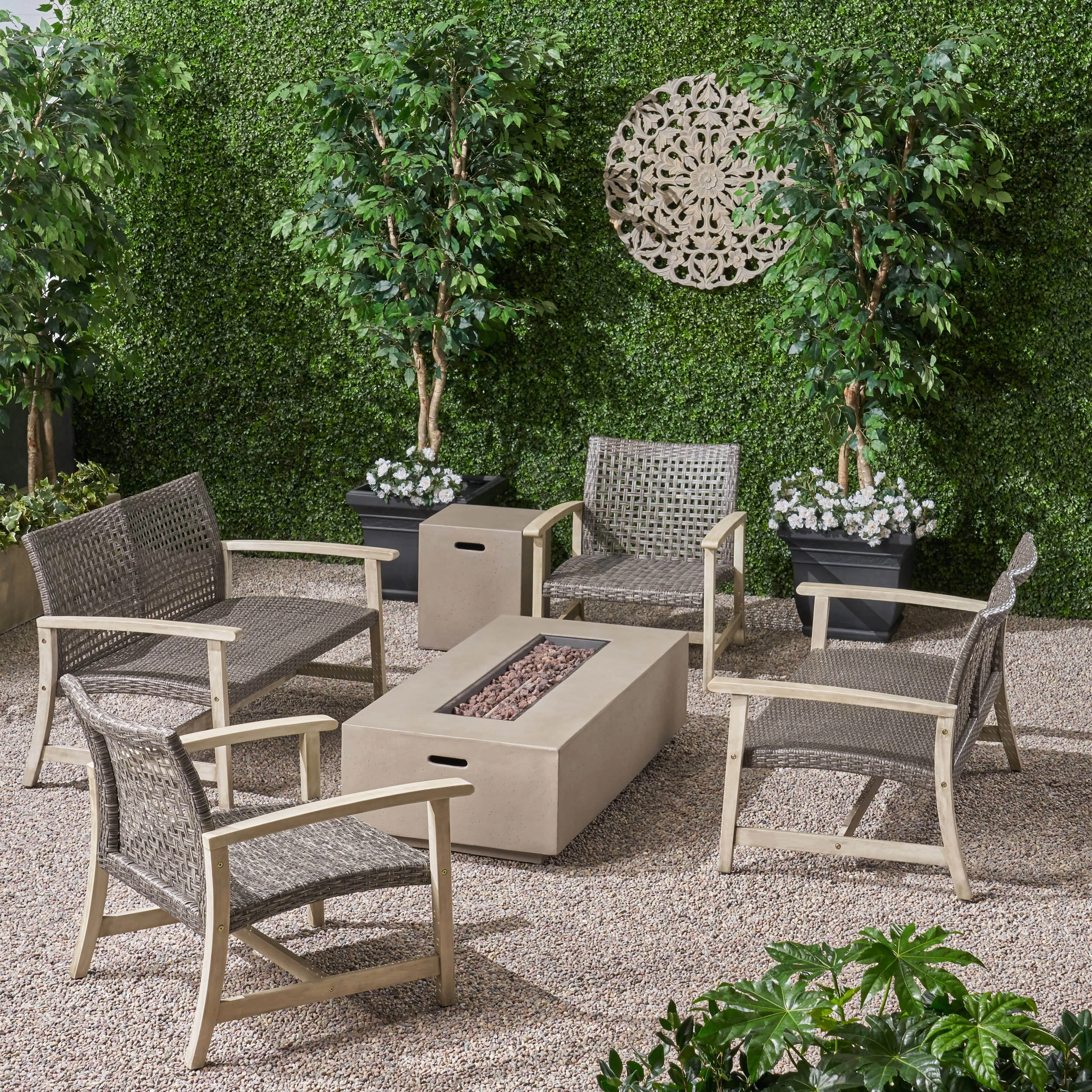 Outdoor 6 Seater Wood and Wicker Chat Set with Fire Pit - NH281803