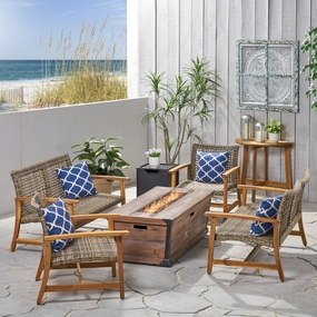 Outdoor 6-Seater Wood and Wicker Chat Set with Fire Pit - NH418703 outdoor furniture, garden bench