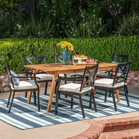 Outdoor 7 Piece Acacia Wood and Aluminum Dining Set, Teak and Black with Ivory Cushions - NH837403 outdoor lounge chair, patio sofa