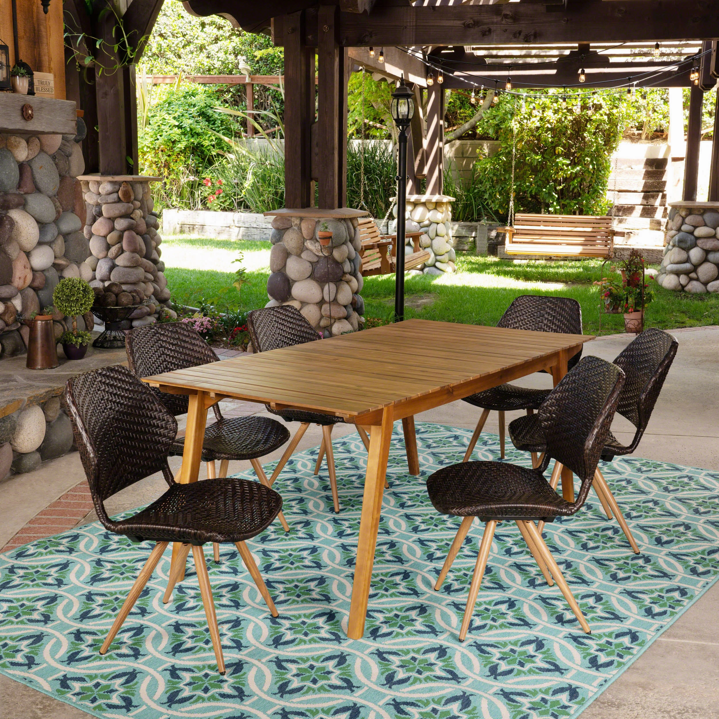 Outdoor 7 Piece Acacia Wood and Wicker Dining Set, Teak and Multibrown - NH247403 outdoor lounge chair, patio sofa