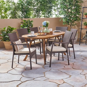 Outdoor 7 Piece Acacia Wood and Wicker Dining Set, Teak with Brown Chairs - NH620503 outdoor lounge chair, patio sofa