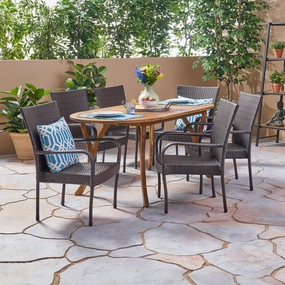 Outdoor 7 Piece Acacia Wood and Wicker Dining Set, Teak with Multi Brown Chairs - NH320503 outdoor lounge chair, patio sofa