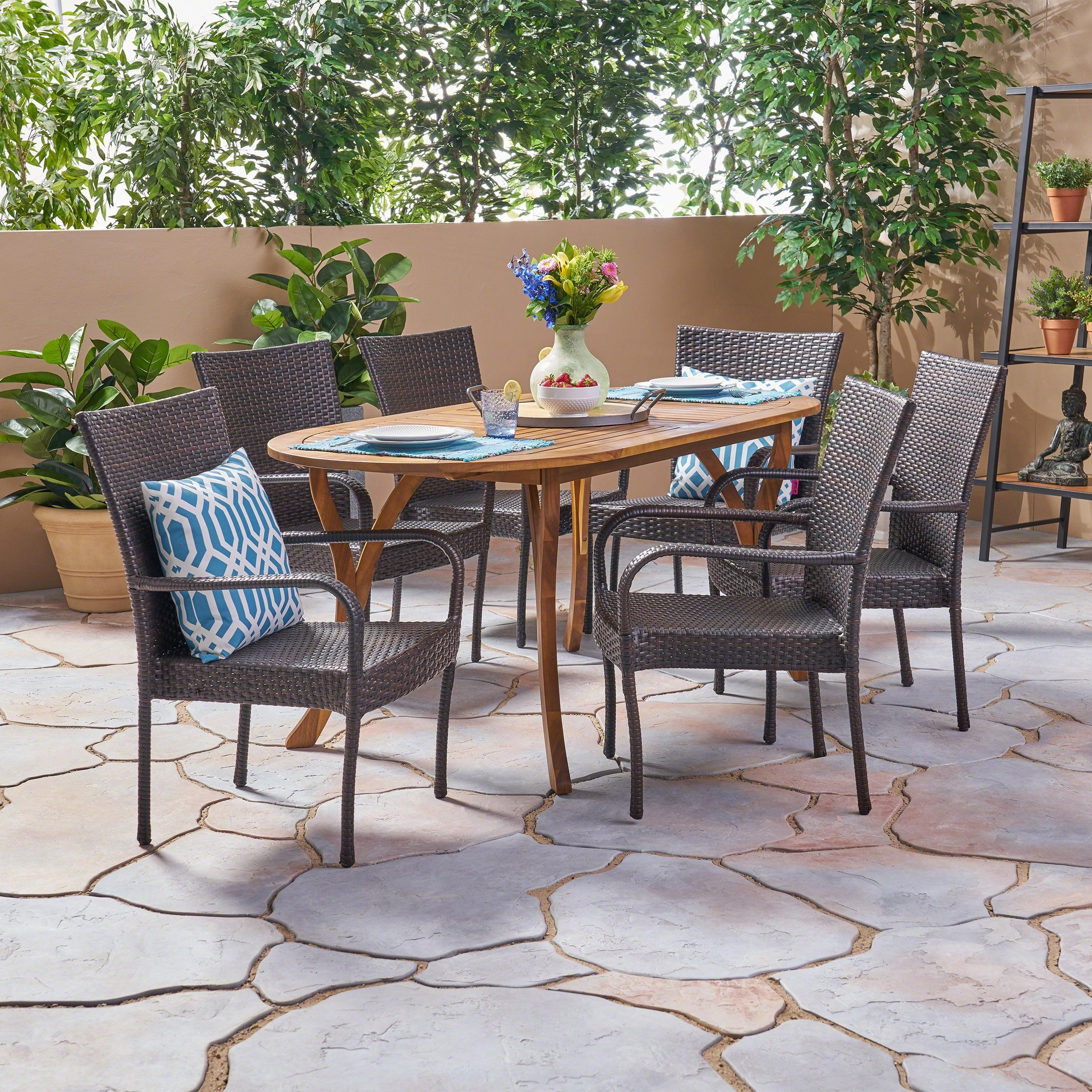 Outdoor 7 Piece Acacia Wood and Wicker Dining Set, Teak with Multi Brown Chairs - NH320503 outdoor lounge chair, patio sofa