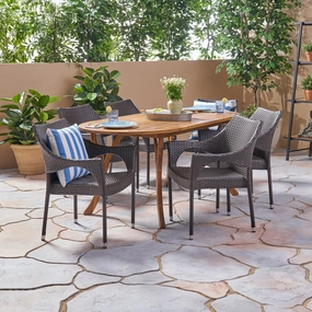 Outdoor 7 Piece Acacia Wood and Wicker Dining Set, Teak with Multi Brown Chairs - NH420503 outdoor lounge chair, patio sofa