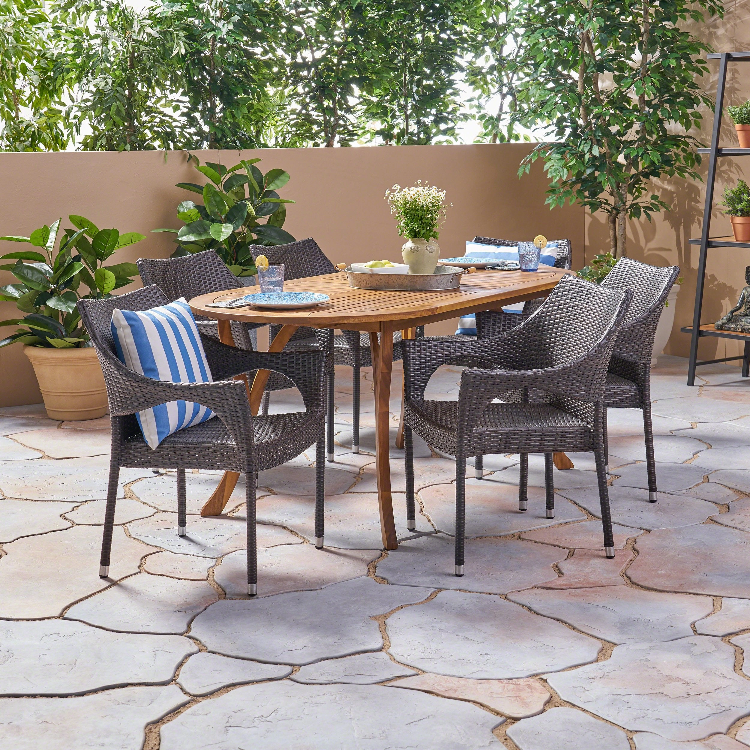 Outdoor 7 Piece Acacia Wood and Wicker Dining Set, Teak with Multi Brown Chairs - NH420503 outdoor lounge chair, patio sofa