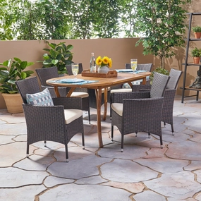 Outdoor 7 Piece Acacia Wood and Wicker Dining Set, Teak with Multi Brown Chairs - NH520503 outdoor lounge chair, patio sofa