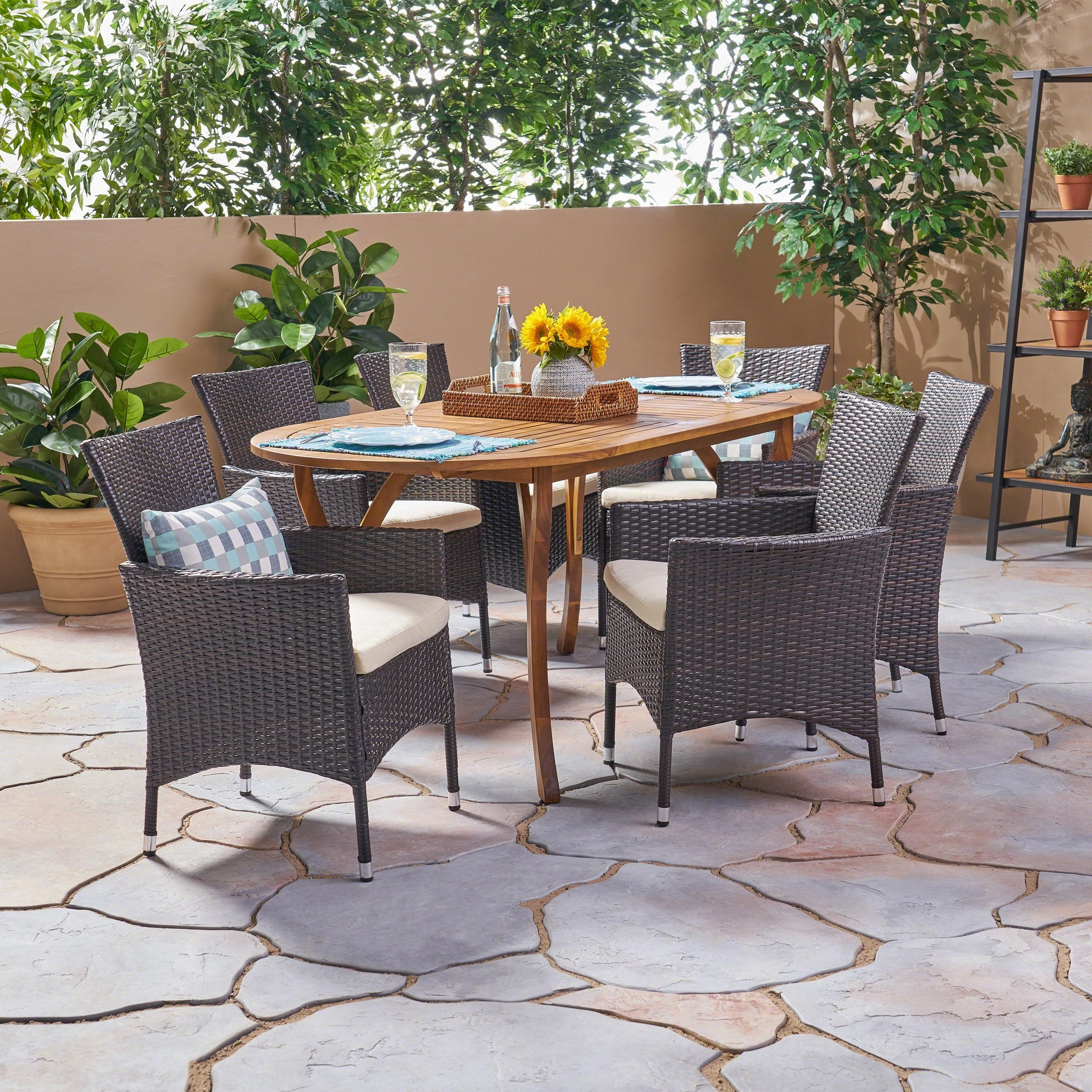 Outdoor 7 Piece Acacia Wood and Wicker Dining Set, Teak with Multi Brown Chairs - NH520503 outdoor lounge chair, patio sofa