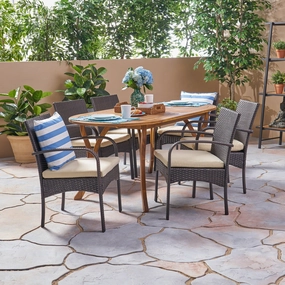 Outdoor 7 Piece Acacia Wood and Wicker Dining Set, Teak with Multi Brown Chairs - NH720503 outdoor lounge chair, patio sofa