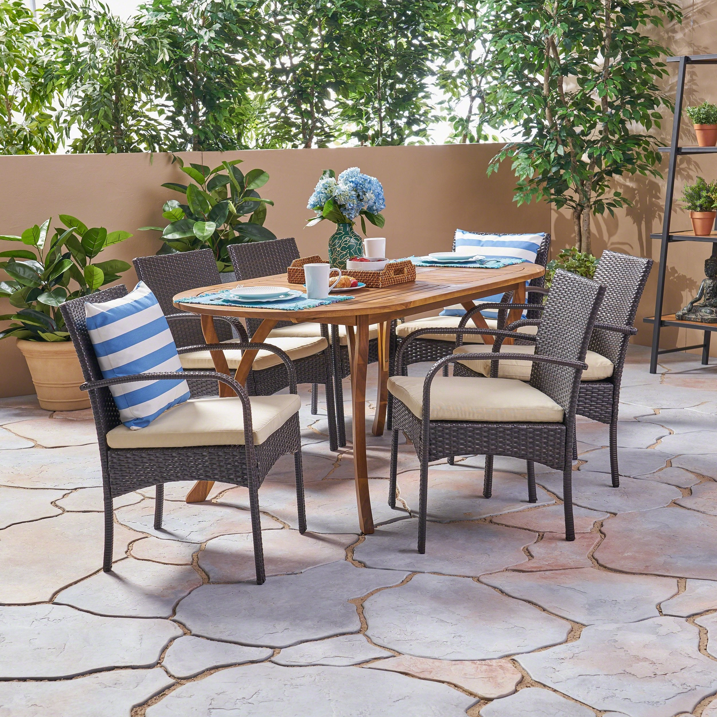 Outdoor 7 Piece Acacia Wood and Wicker Dining Set, Teak with Multi Brown Chairs - NH720503 outdoor lounge chair, patio sofa