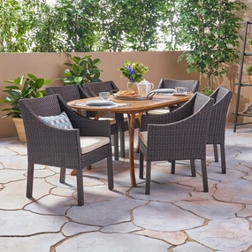 Outdoor 7 Piece Acacia Wood and Wicker Dining Set, Teak with Multi Brown Chairs - NH820503 outdoor lounge chair, patio sofa