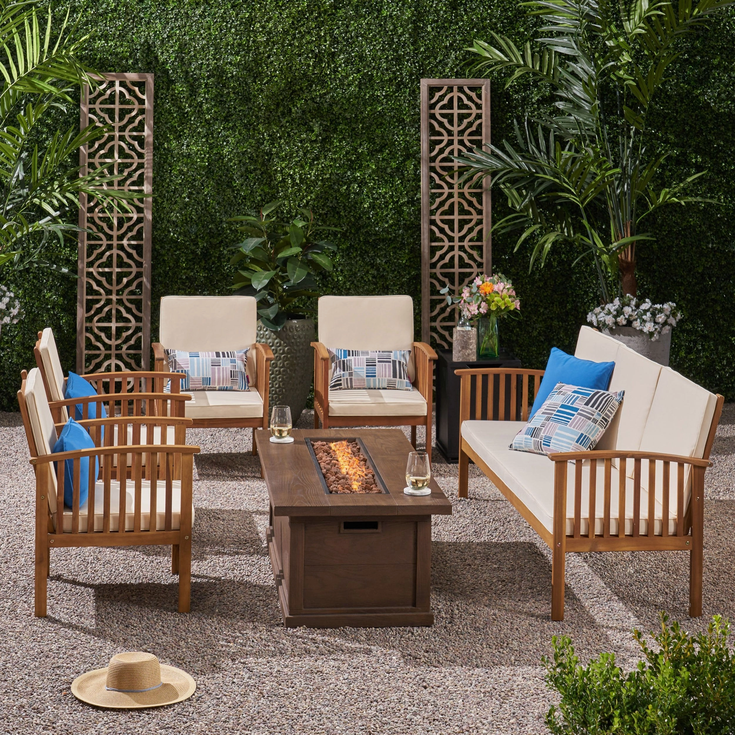 Outdoor 7 Piece Acacia Wood Chat Set with Fire Pit - NH002803 outdoor furniture, garden bench