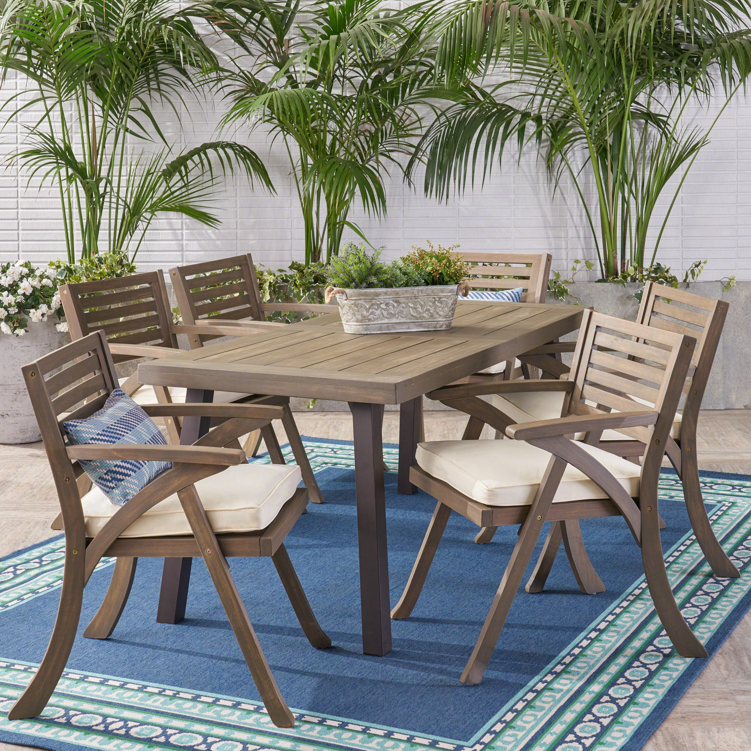 Outdoor 7 Piece Acacia Wood Dining Set, Gray - NH550503 outdoor lounge chair, patio sofa