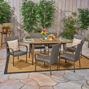 Outdoor 7 Piece Acacia Wood Dining Set with Stacking Wicker Chairs - NH532603 outdoor lounge chair, patio sofa