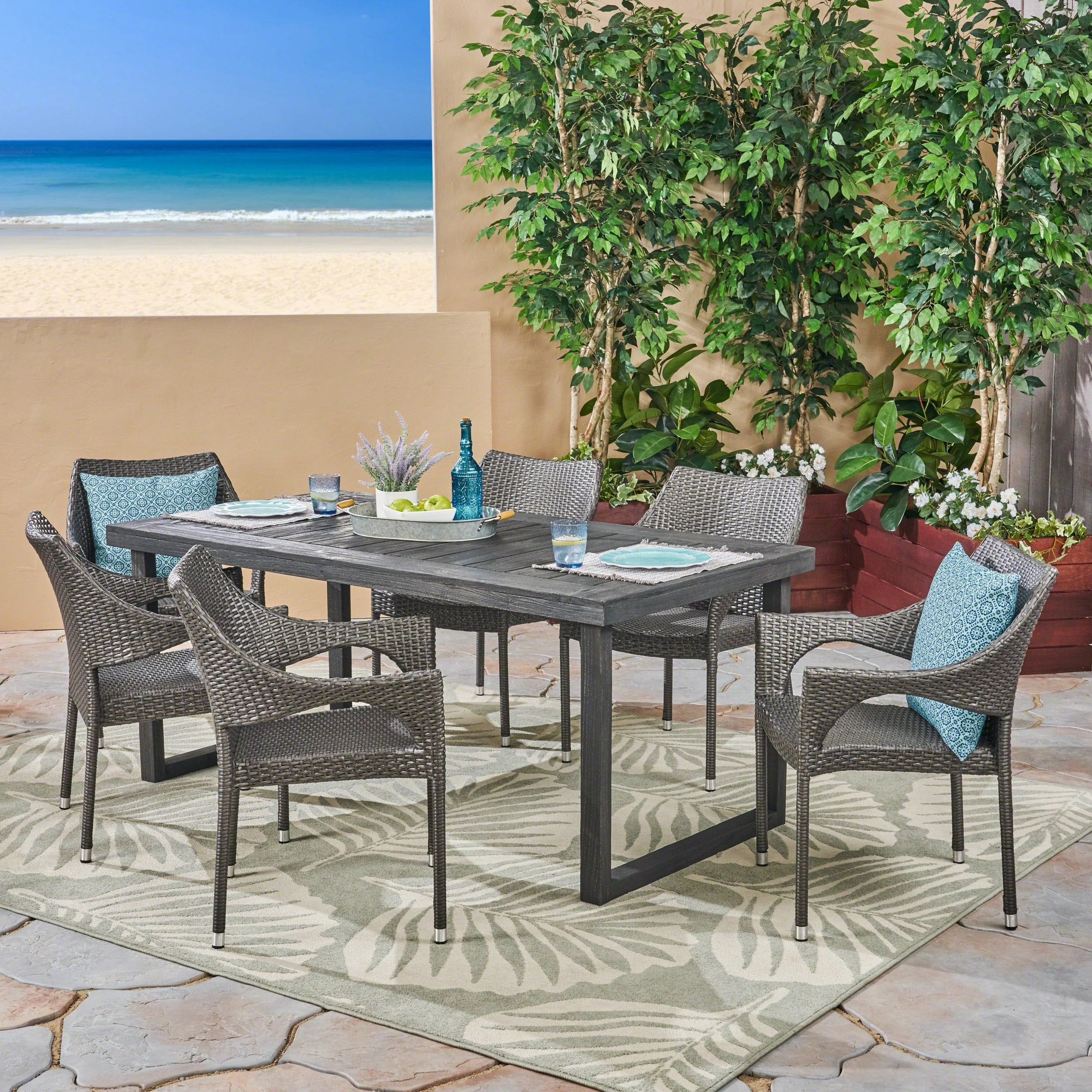 Outdoor 7 Piece Acacia Wood Dining Set with Stacking Wicker Chairs, Sandblast Dark Gray and Gray - NH142603 outdoor lounge chair, patio sofa