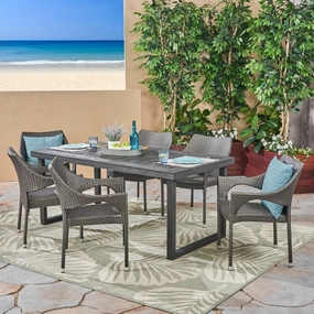 Outdoor 7 Piece Acacia Wood Dining Set with Stacking Wicker Chairs, Sandblast Dark Gray and Gray - NH142603 outdoor lounge chair, patio sofa