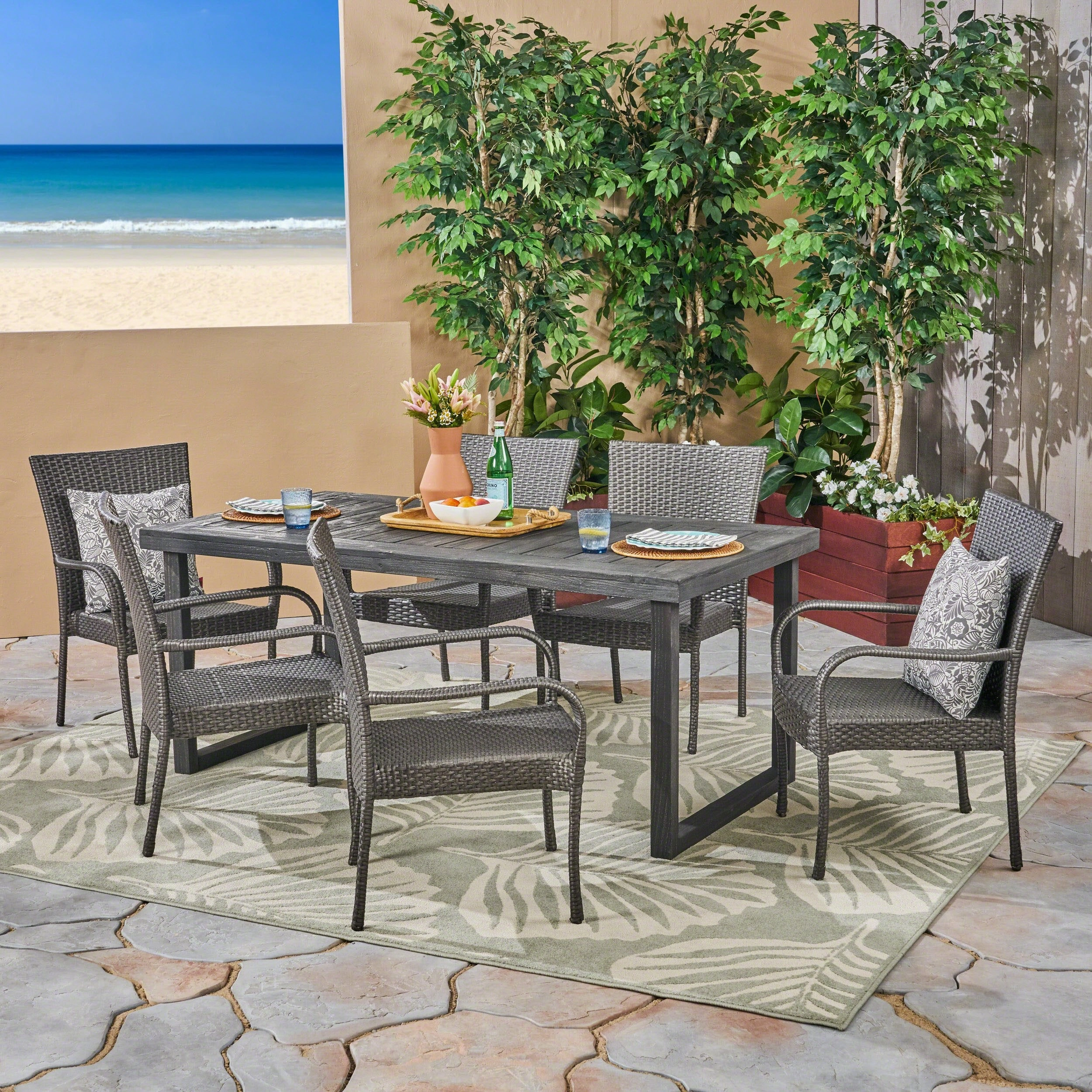 Outdoor 7 Piece Acacia Wood Dining Set with Stacking Wicker Chairs, Sandblast Dark Gray and Gray - NH932603 outdoor lounge chair, patio sofa