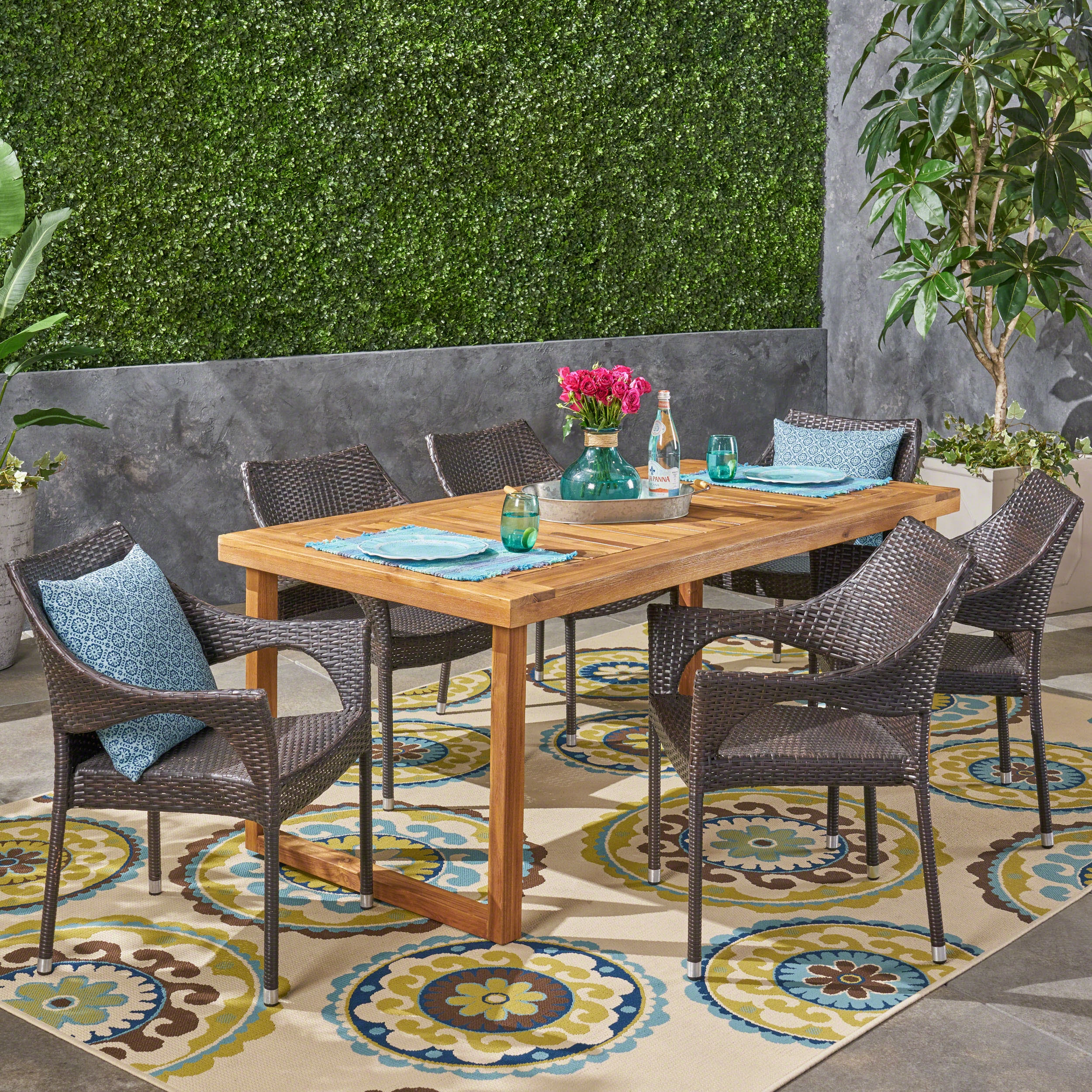 Outdoor 7 Piece Acacia Wood Dining Set with Stacking Wicker Chairs, Sandblast Natural and Multi Brown - NH042603 outdoor lounge chair, patio sofa