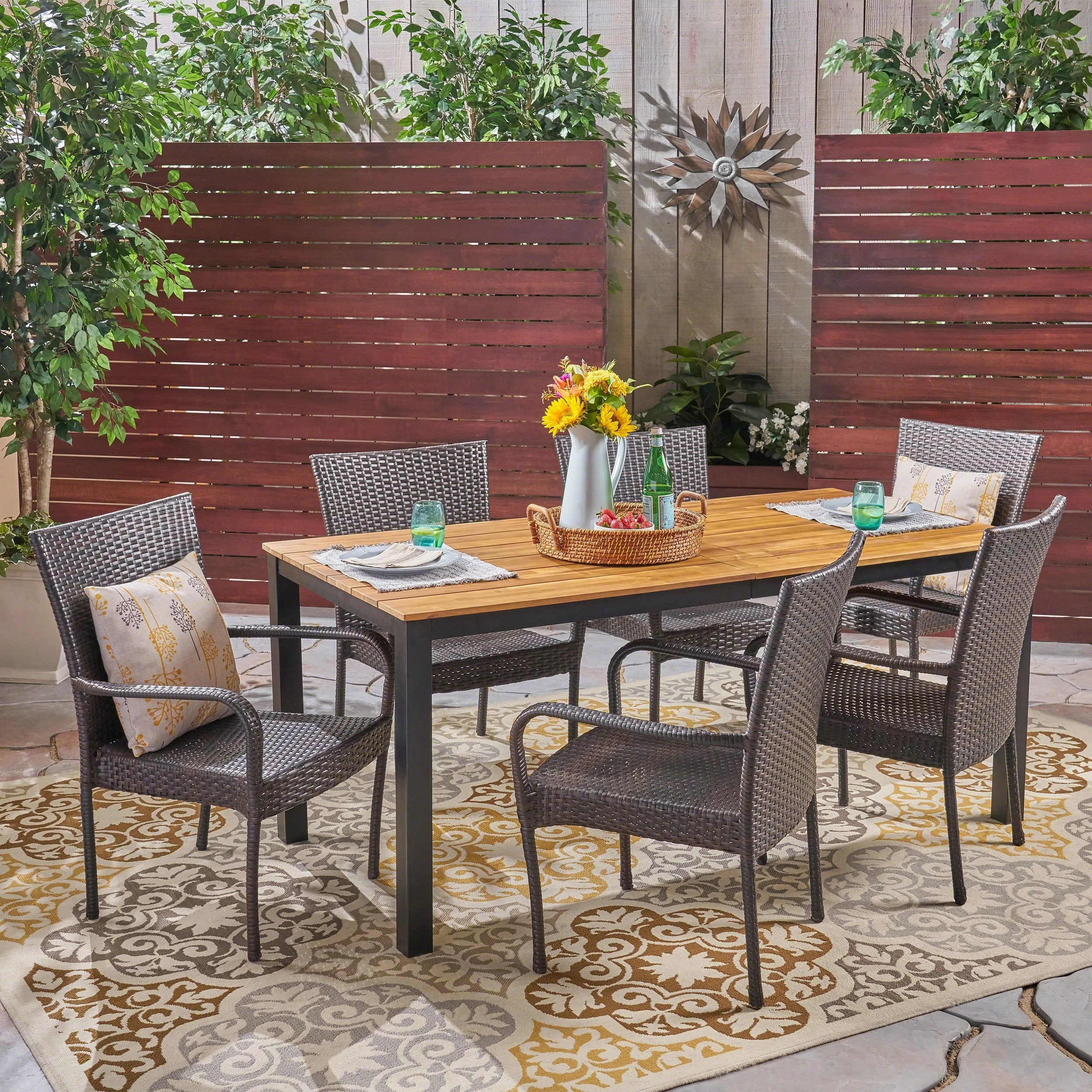 Outdoor 7 Piece Acacia Wood Dining Set with Stacking Wicker Chairs, Teak and Gray - NH717503 outdoor lounge chair, patio sofa