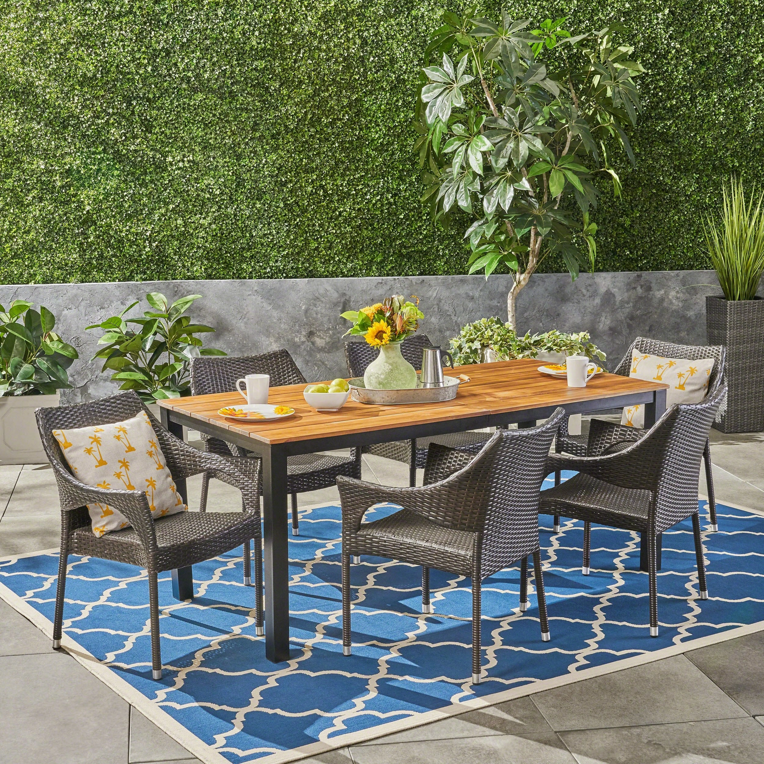 Outdoor 7 Piece Acacia Wood Dining Set with Stacking Wicker Chairs, Teak and Multi Brown - NH452603 outdoor lounge chair, patio sofa