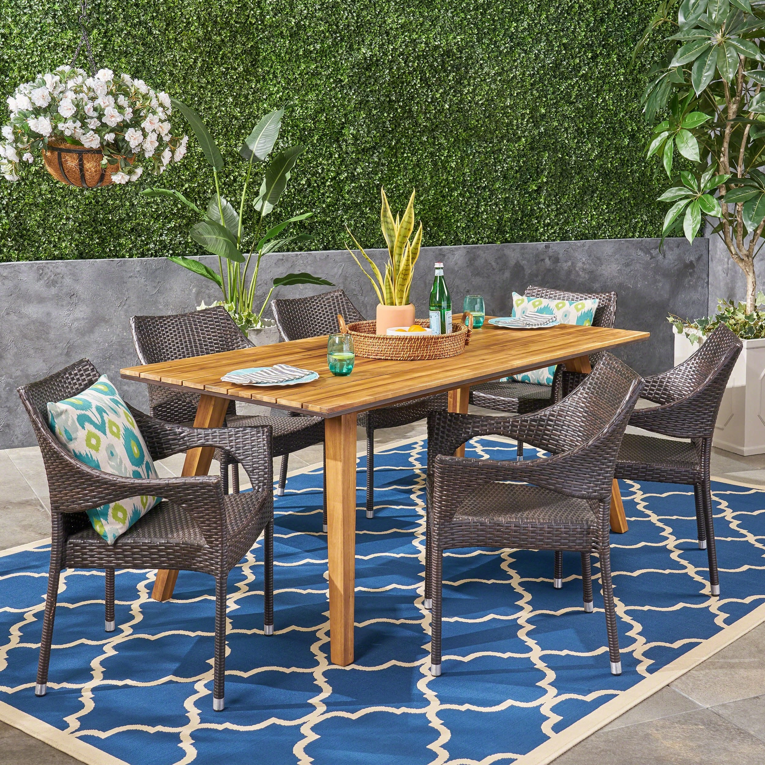 Outdoor 7 Piece Acacia Wood Dining Set with Stacking Wicker Chairs, Teak and Multi Brown - NH952603 outdoor lounge chair, patio sofa